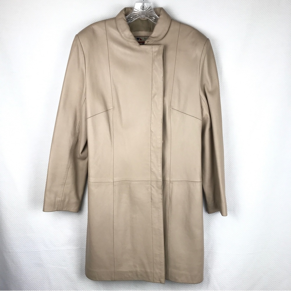 MASHAD LEATHER Vintage Italian Duster Car Coat Beige Cream Womens 44 Minimal